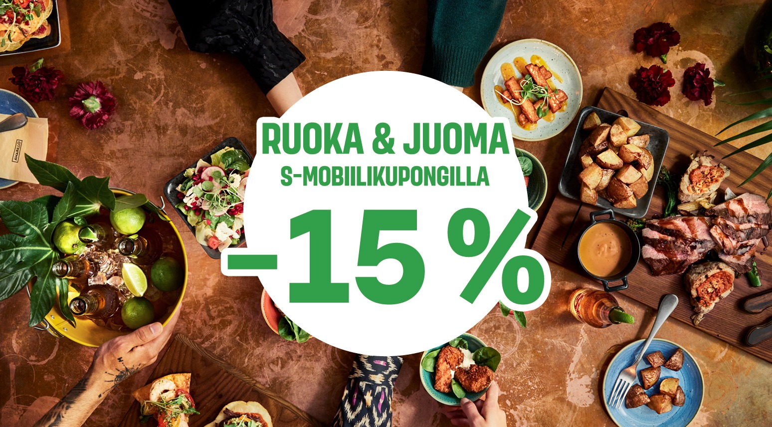 Alennusprosentti 15 % ruoasta ja juomasta S-mobiilikupongilla.