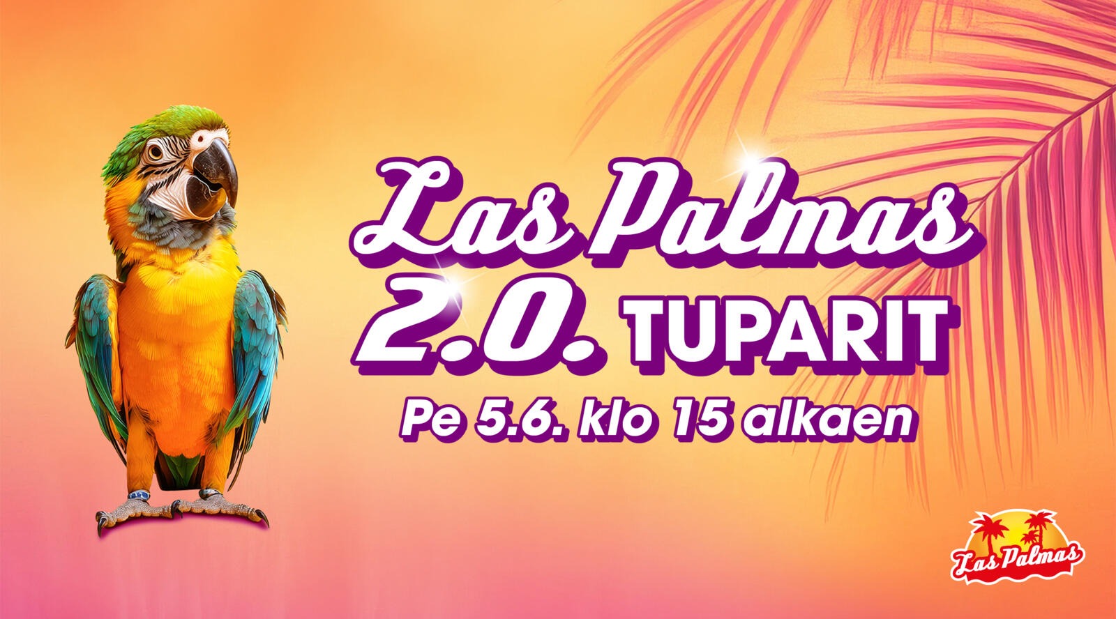 Värvikas oranž-roosa taust papagoi ja palmilehtedega.