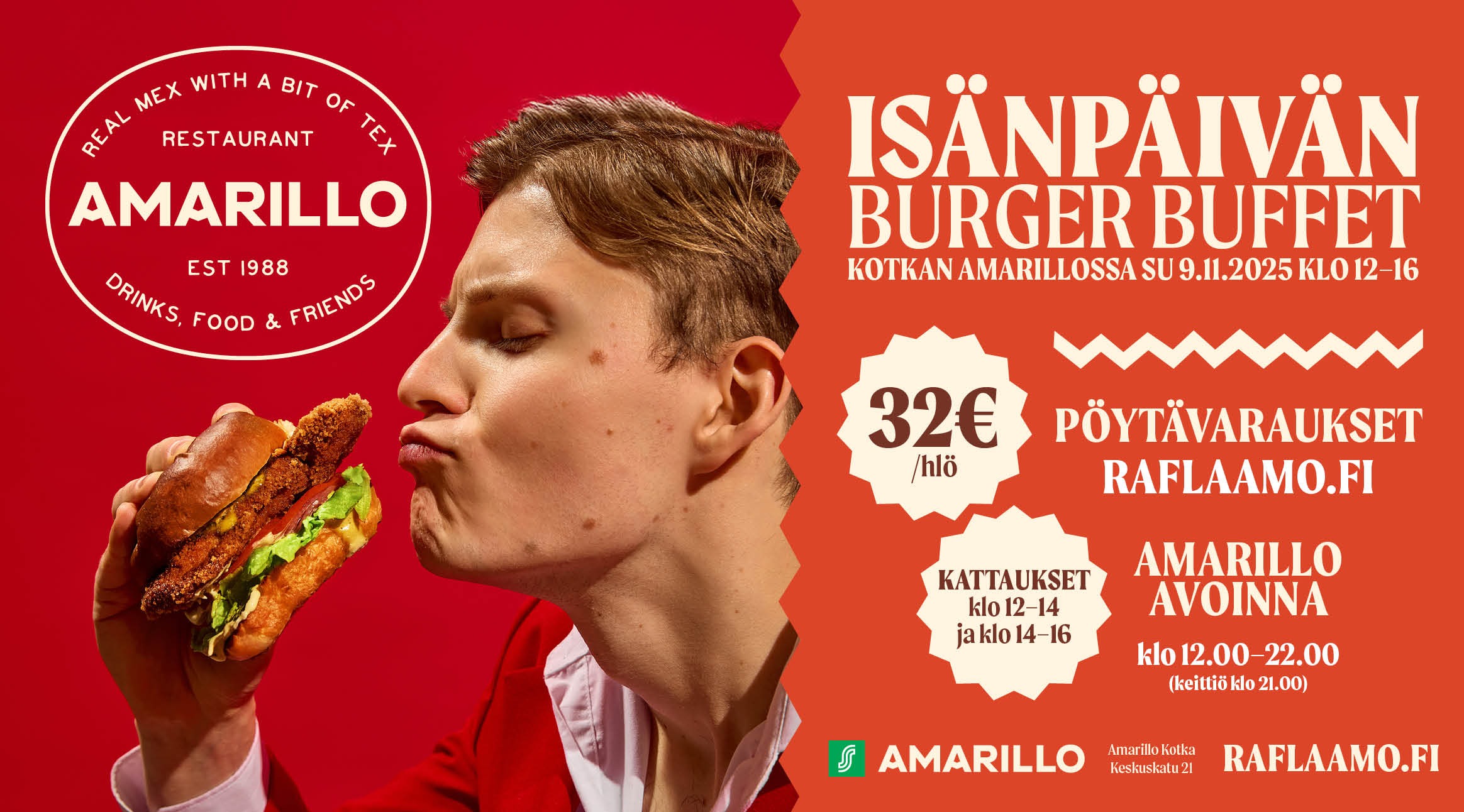 Isänpäivän Burger Buffet Kotkan Amarillossa 9.11.2025 klo 12–16