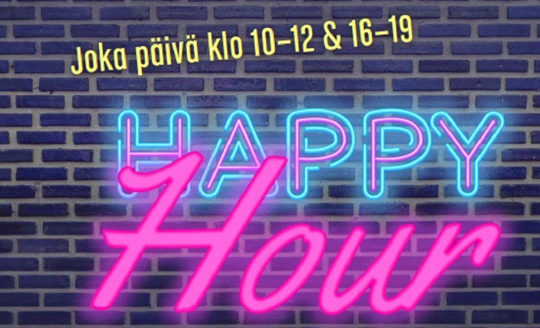 Tummalla tiiliseinällä neonteksti Happy Hour sekä voimassaoloaika joka päivä klo 10-12 & 16-19.