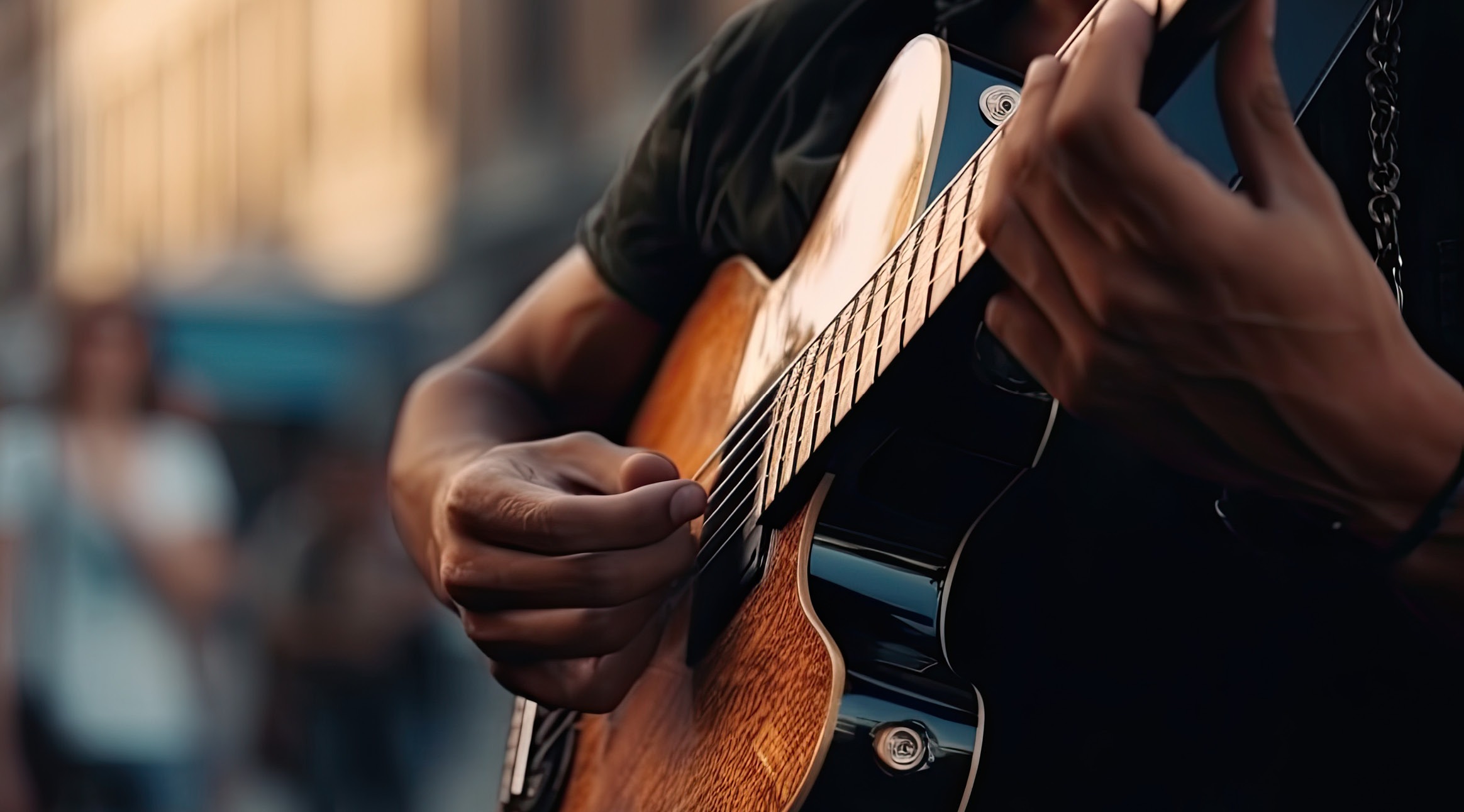 Närbild av en musikers händer som spelar en akustisk gitarr.