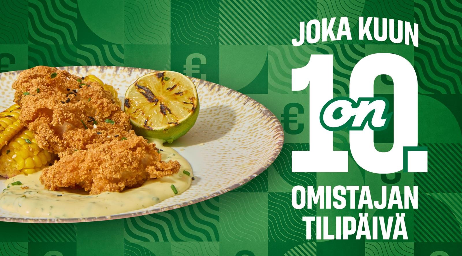 Lautasellinen rapeaa kanaa ja kastiketta vihreällä kuviotaustalla.