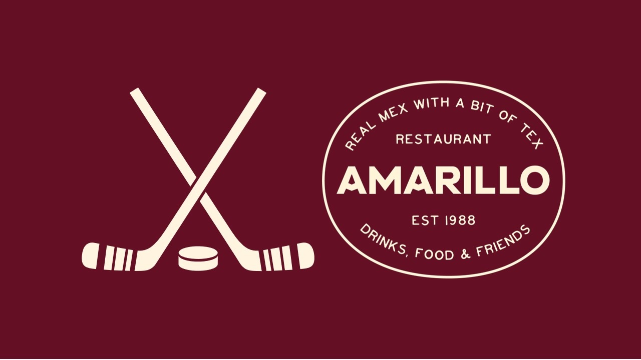 Restaurangens logotyp med ishockeyklubbor och puck på vinröd bakgrund.