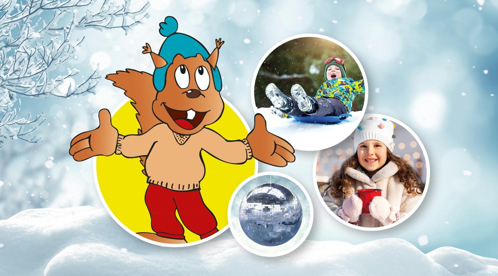 Winter advertisement featuring squirrel mascot in blue hat, winter activity images, and a disco ball against snowy background.