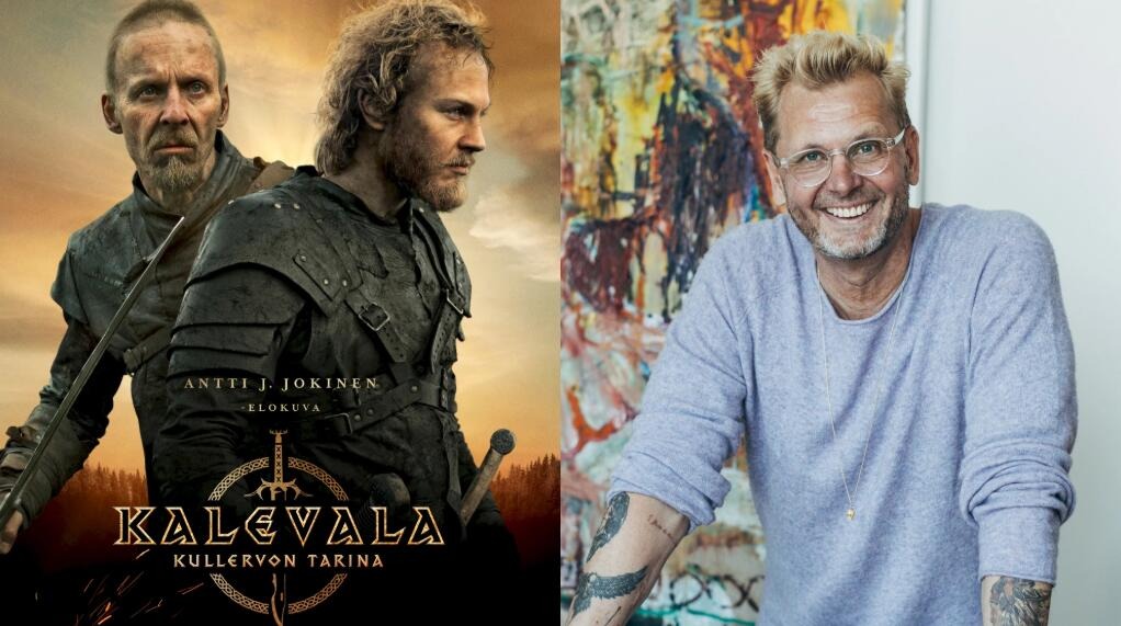Rinnakkain Kalevala-elokuvan juliste, jossa kaksi hahmoa, sekä värikkään taideteoksen edessä hymyilevä Antti J. Jokinen