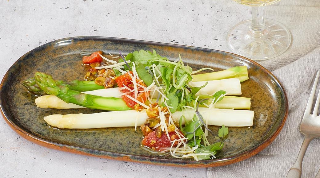 Asparagus with pistachio and tomato vinaigrette