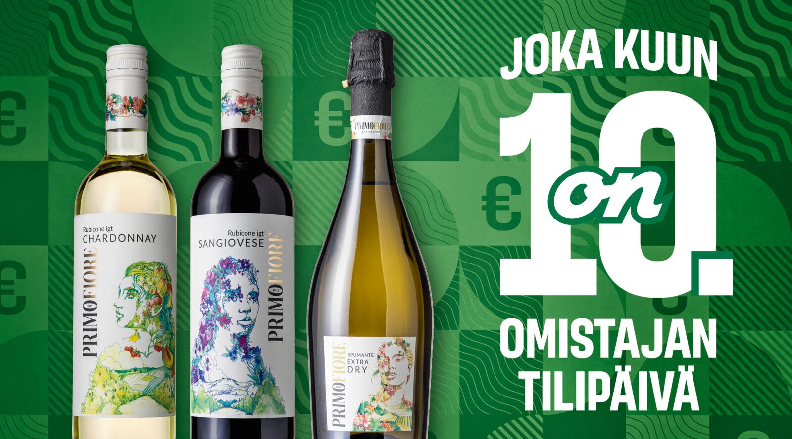 Kolme asiakasomistajaviinipulloa vihreällä kuviotaustalla.