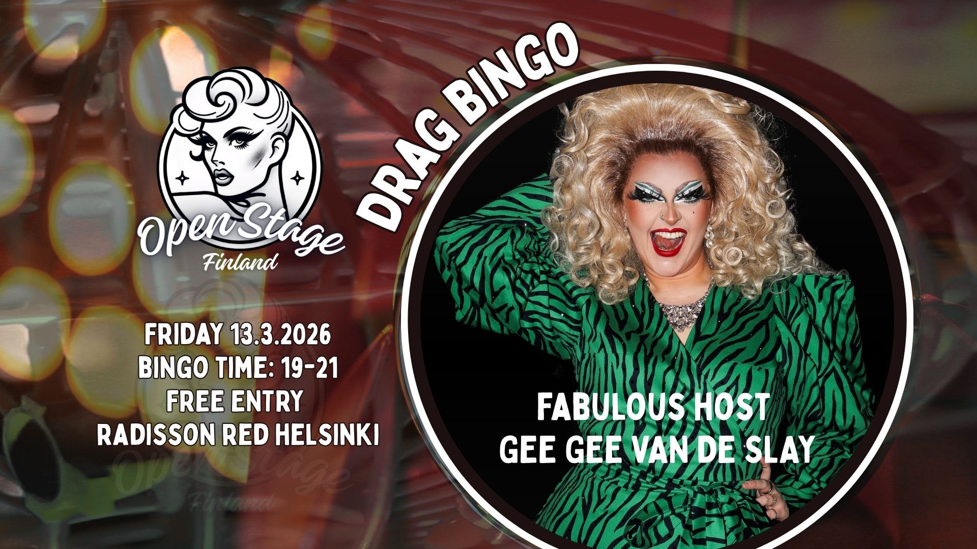 Drag bingo Radisson RED Helsingissä perjantaina 13.3.2026