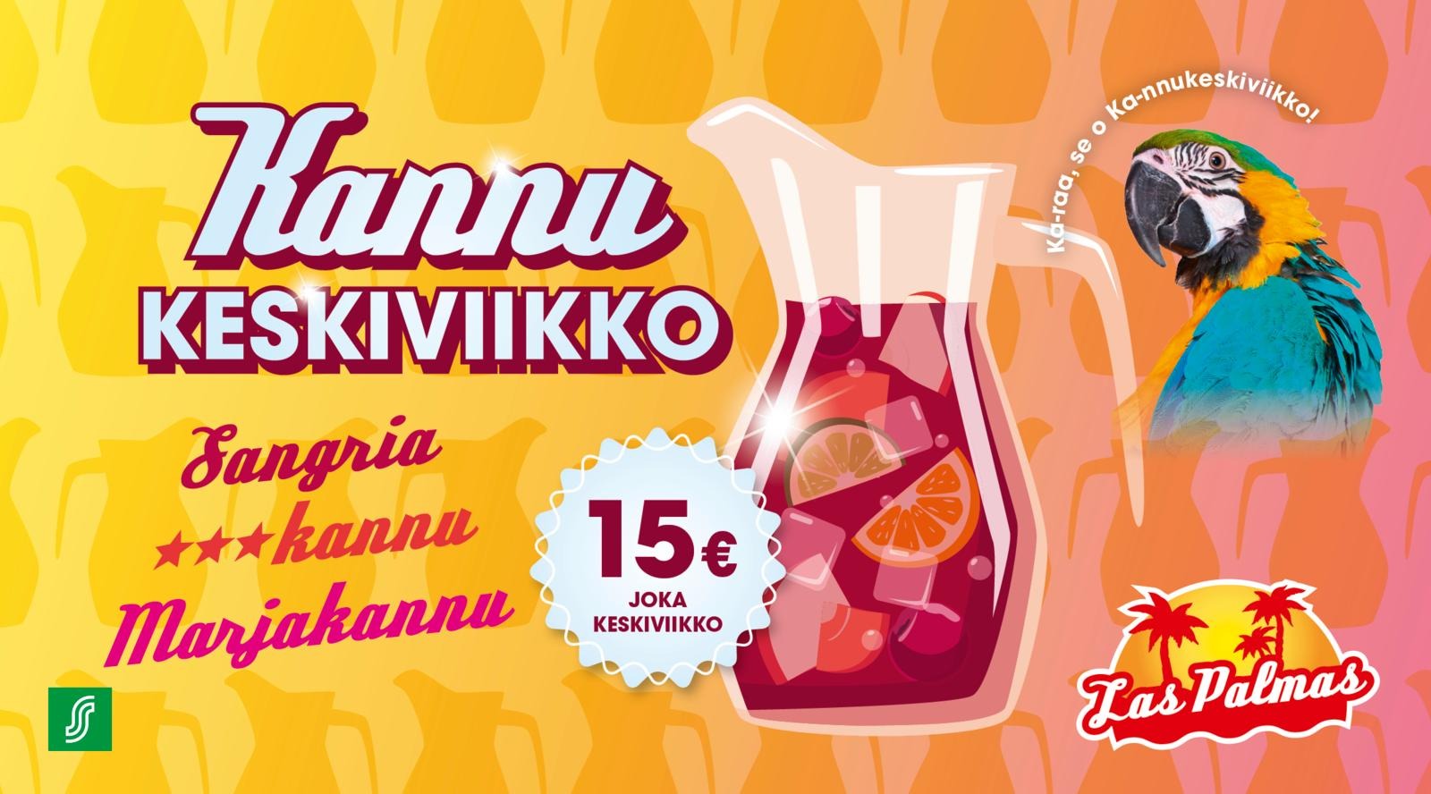 Las Palmas Tampereen mainos Kannukeskiviikosta, jossa on punaista juomaa sisältävä kannu, papukaija ja listaus mauista ja 15 € hinta