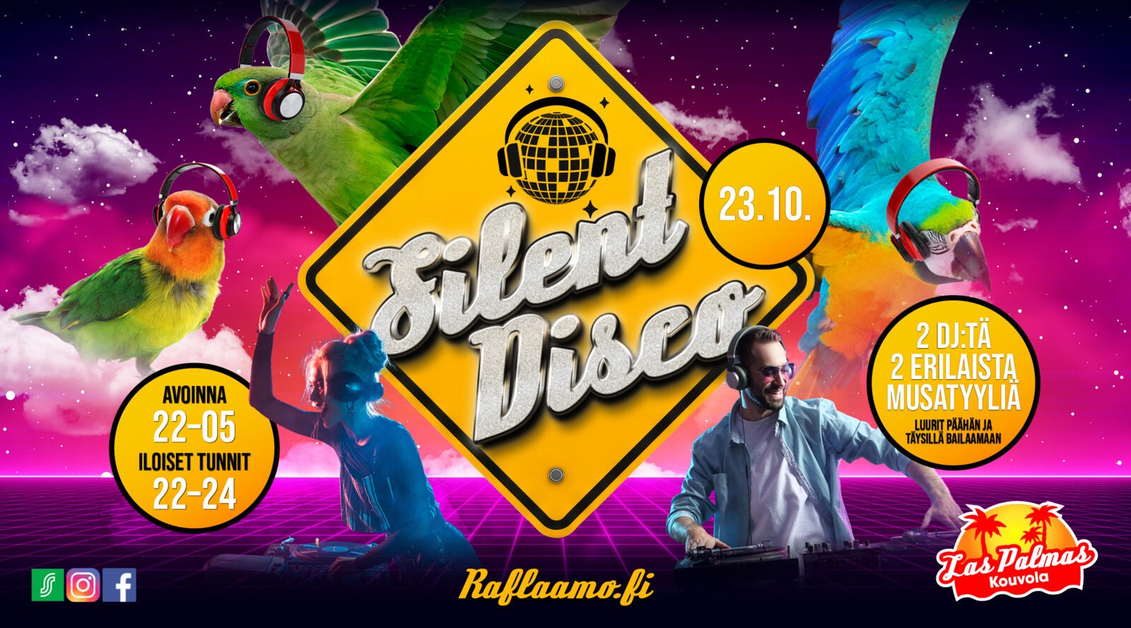DJ soittaa musiikkia värikkäiden paratiisipapukaijat lentävät ympärillä neonvalaistussa kosmisessa ympäristössä.