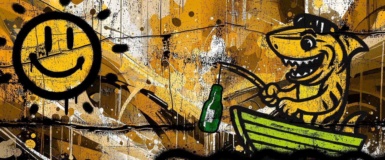 Graffittimainen taideteos Tiikerihain Tikru-hahmosta, joka onkii veneessä olutpullolla