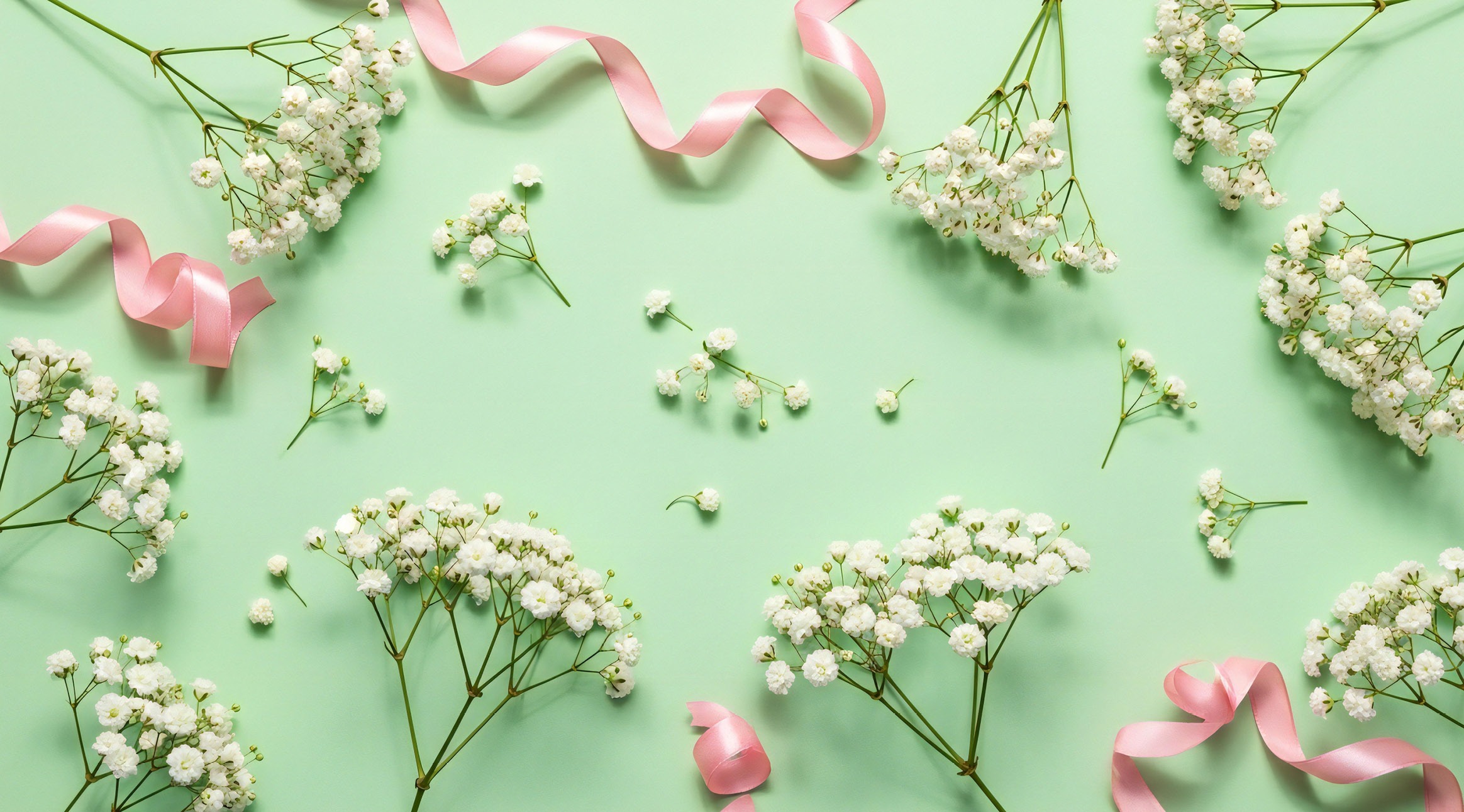 White baby's breath flowers and pink ribbons arranged on a mint green background.
