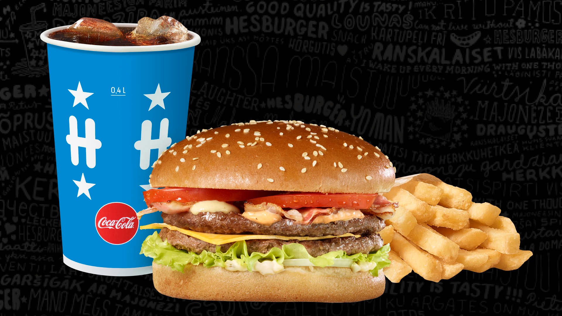 Hesburgerin Jättipekoniateria, sisältää hampurilaisen, juoman ja ranskalaiset.