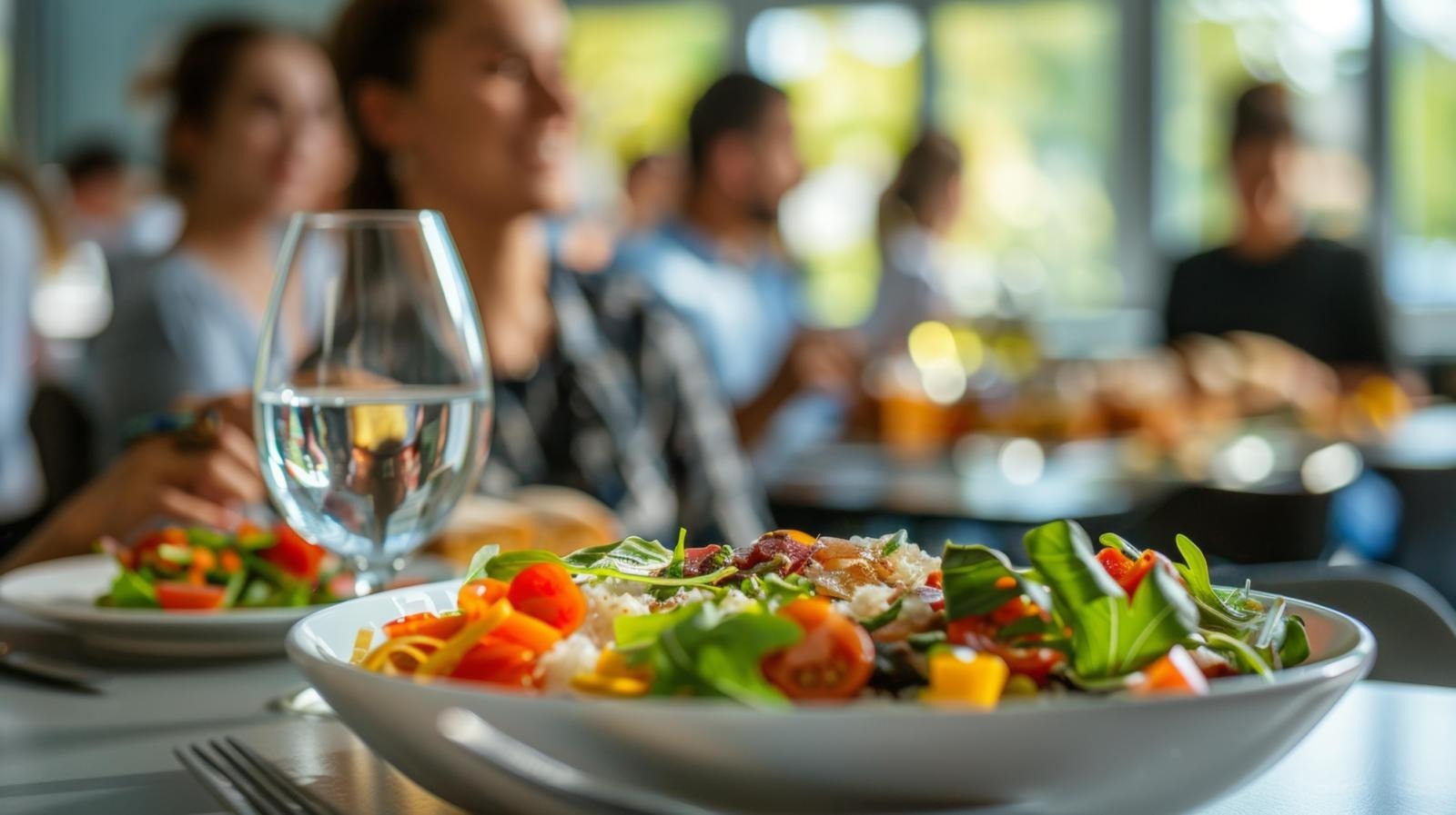 Värviline salat taldrikul ja veeklaas restoranis, taustaks sööjad, kes naudivad oma einet suurte akende läheduses.