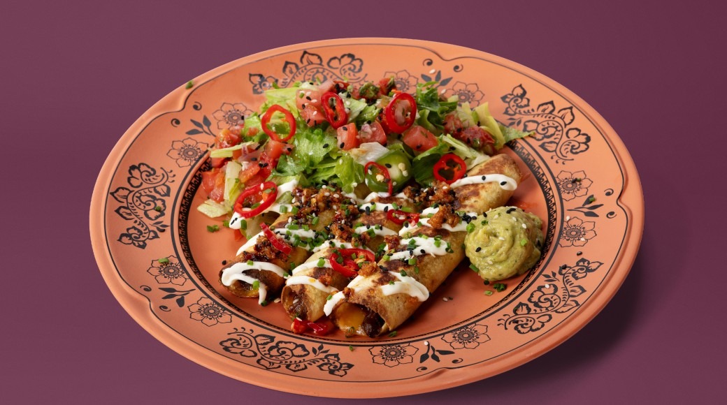 Decorated terracotta plate with burrito topped with sour cream, green sauce on the side, and fresh salad with tomatoes and red peppers.
