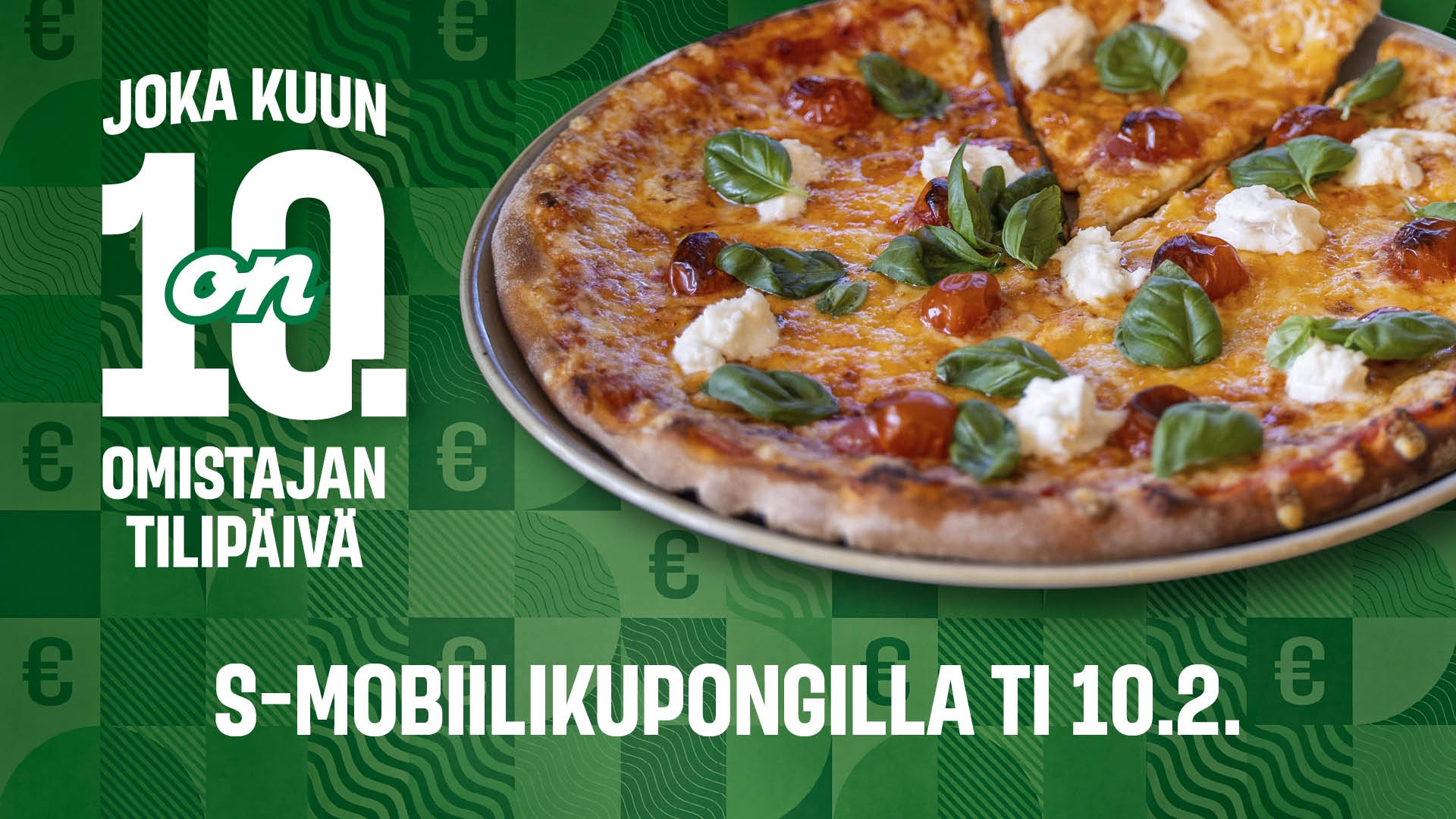 Pizza with fresh basil leaves and mozzarella cheese on a green background.