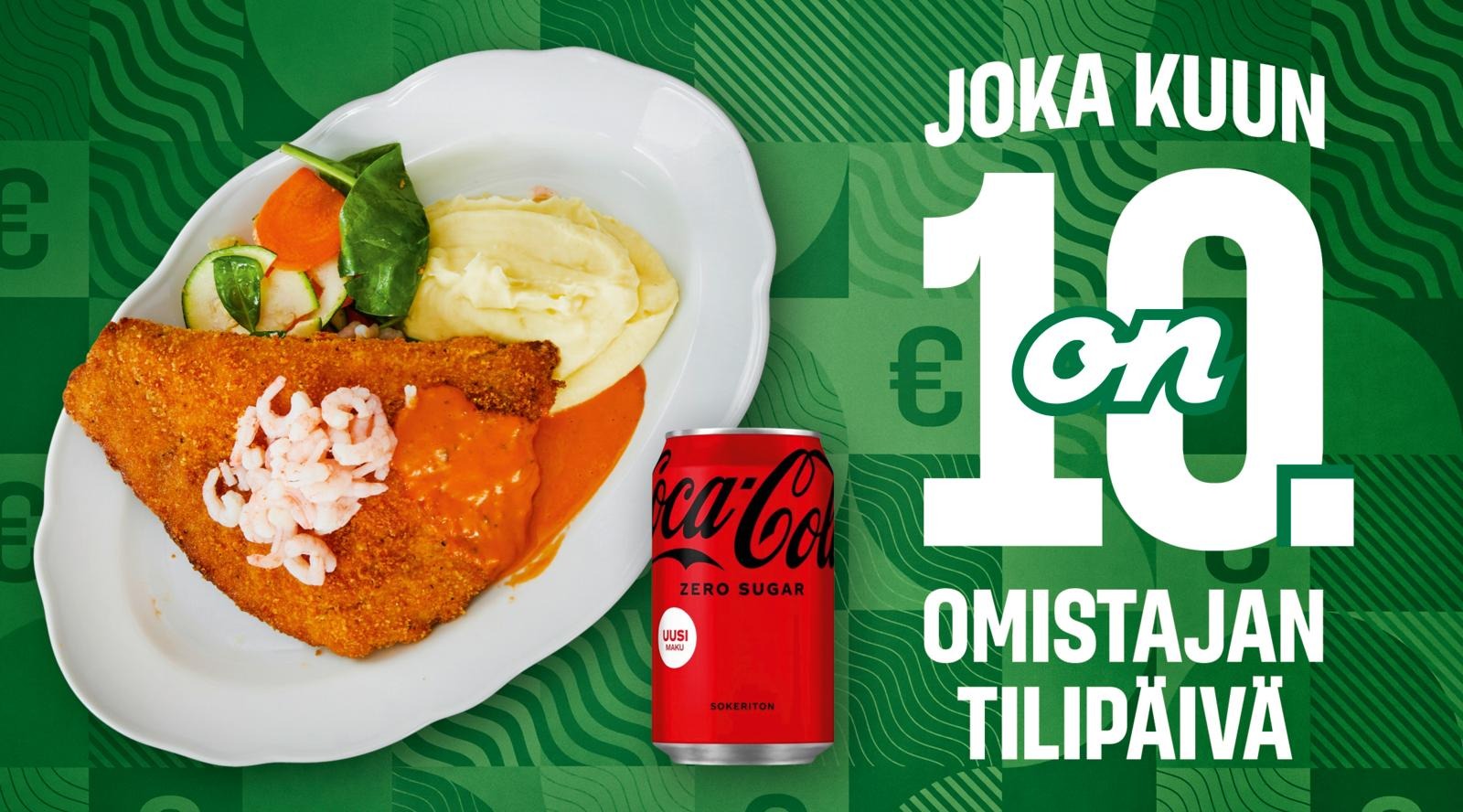 Vit tallrik med panerad fisk, potatismos, grönsaker och räkor, bredvid en Coca-Cola Zero burk på grön bakgrund.