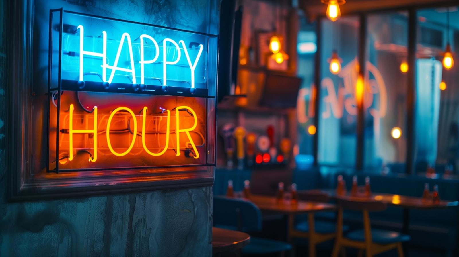 Neon sign on restaurant wall, with dimly lit bar area featuring tables and chairs visible in the background.