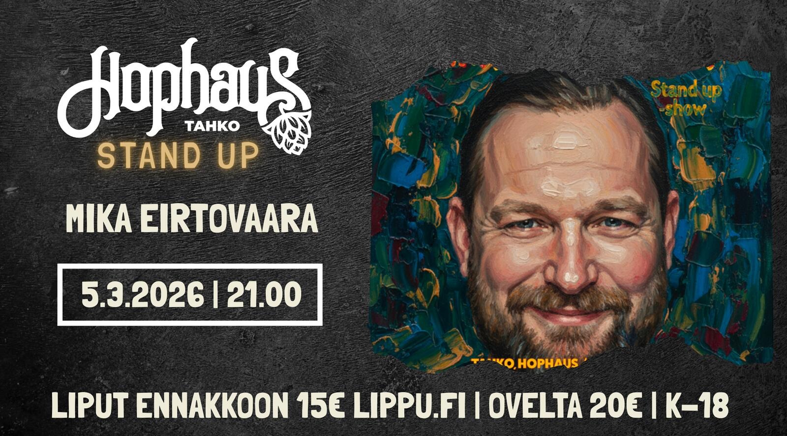 Hallittu kaaos on Mika Eirtovaaran stand up -show, jossa kaikki on mahdollista. Lavalla syntyy joka ilta ainutlaatuinen sekoitus uutta ja vanhaa materiaalia – mitään ei ole täysin ennalta päätetty. Yksikään show ei ole samanlainen. Tämä on Mika Eirtovaara parhaimmillaan: iloista, hallittua kaaosta, joka ei tuomitse eikä saarnaa. Sen ainoa tehtävä on viihdyttää. Mika Eirtovaara on yksi suomalaisen stand upin pitkäaikaisimmista tekijöistä – yli kahden vuosikymmenen kokemuksella hän on nähnyt ja kokenut kaiken, mutta lavalla säilyy aina utelias, leikkisä energia.