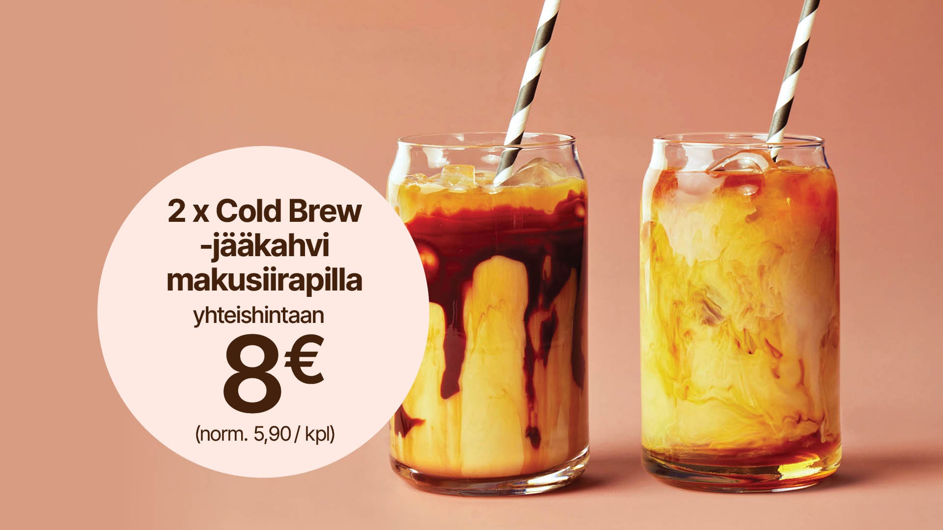 Two iced coffee drinks in glasses with straws on a light pink background.