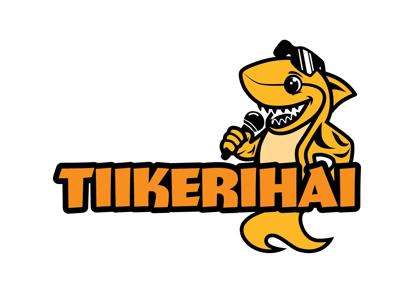 Tiikerihain logo, jossa Tikru-hahmo ja Tiikerihai-teksti oranssilla