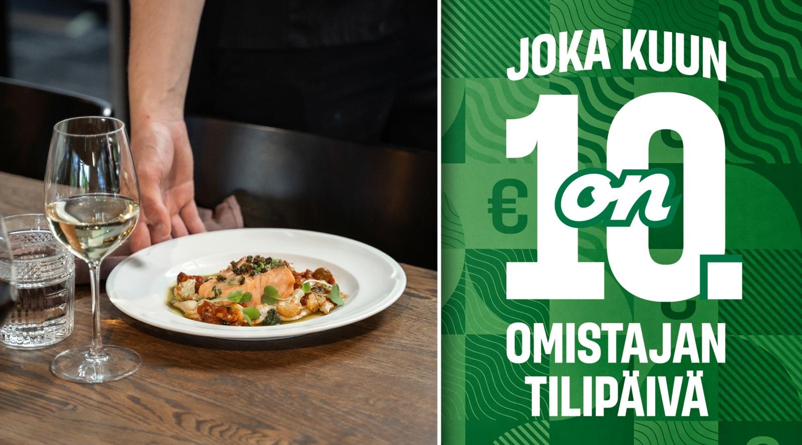 White plate with salmon dish, next to wine glass and water glass on wooden table. Green promotional graphic on the right.