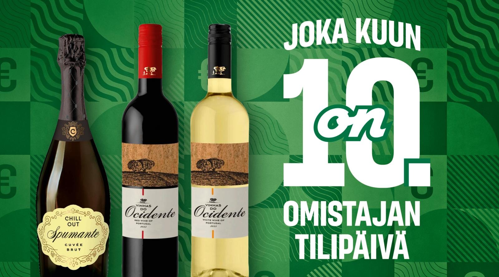Kolme asiakasomistajaviinipulloa vihreällä kuviotaustalla.