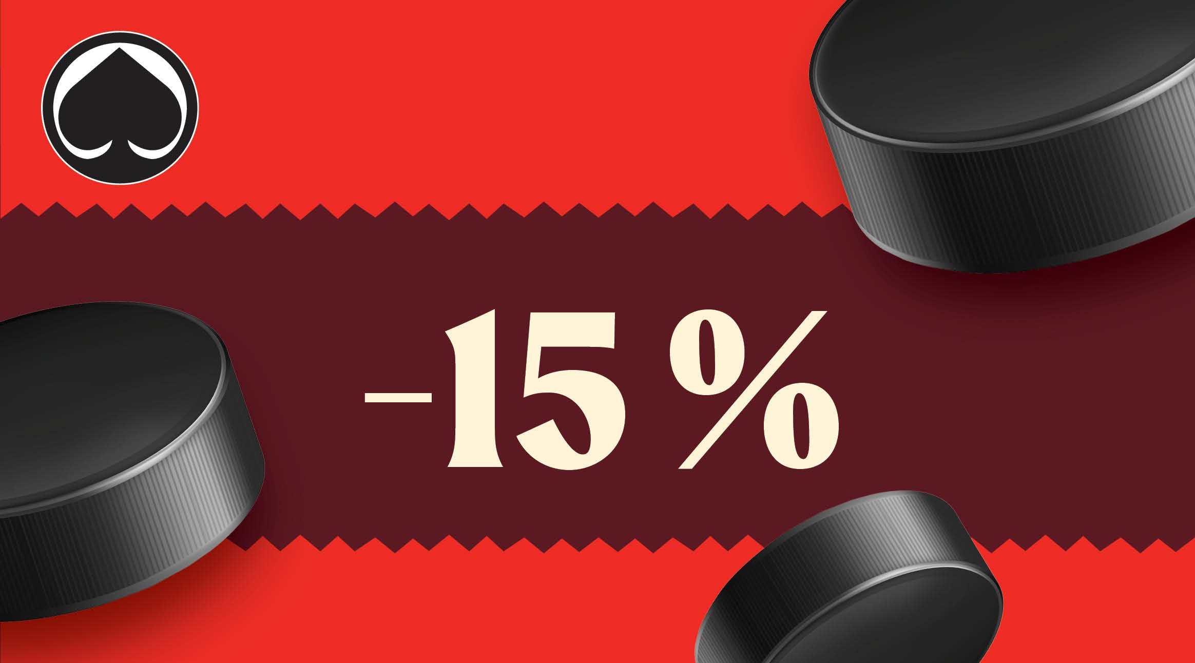 Punainen ja viininpunainen mainosjuliste, jossa kiekkomaisia astioita ja -15% alennus.