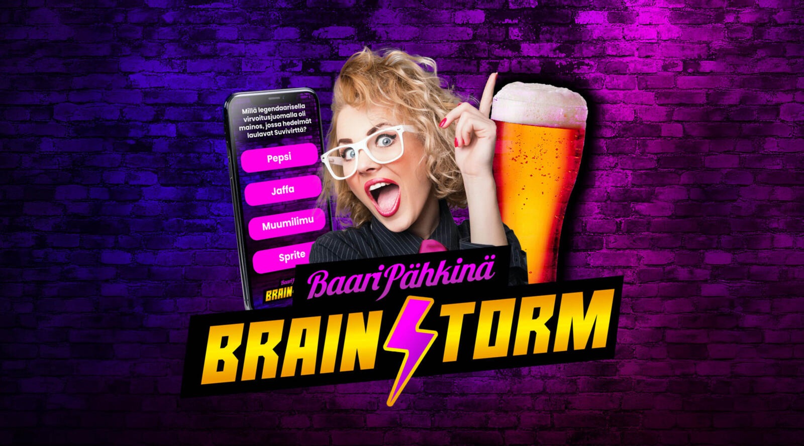 Person against blue and purple lighting in front of brick wall, holding large beer glass and phone.