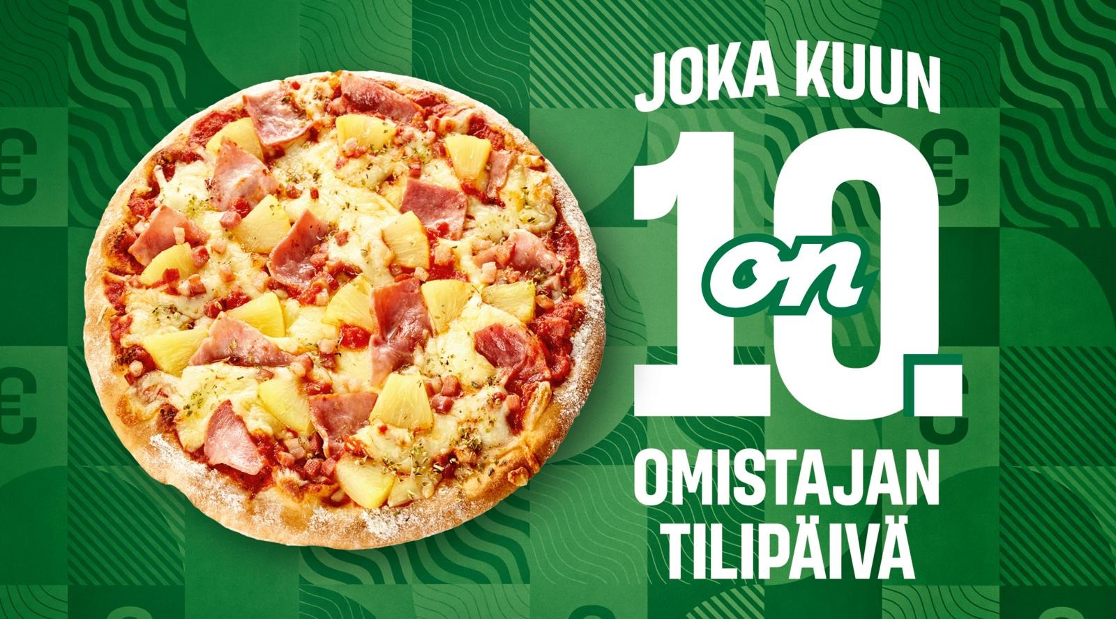 Pieni kinkku-ananaspizza vihreällä kuviotaustalla.