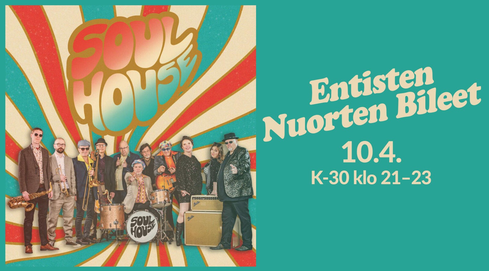 Soul House-bandet poserar med sina instrument mot en färgglad, retroinspirerad bakgrund.