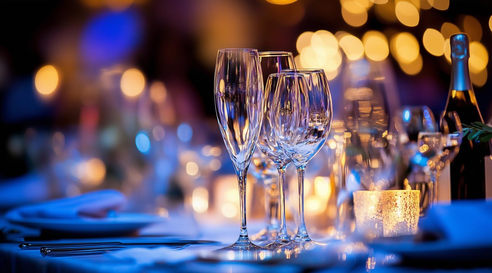 Tyylikkäästi katettu juhlapöytä kristallilaseineen ja samppanjapulloineen sinertävässä valaistuksessa, taustalla lämpimiä valoheijastuksia.
