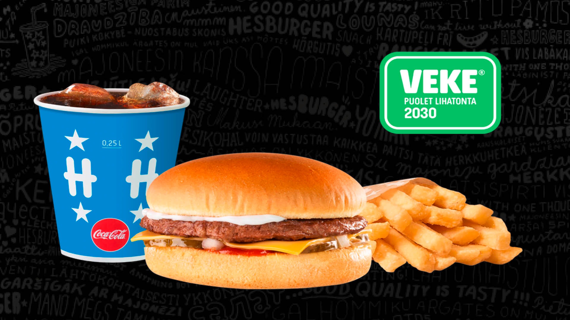 Hesburgerin kasvishampurilainen, ranskalaiset ja juoma