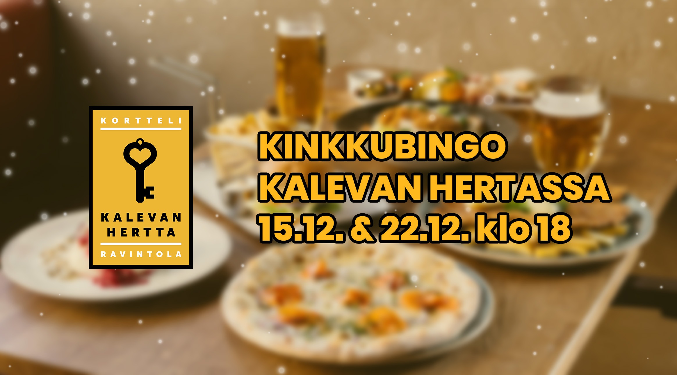 Kinkkubingo Kalevan Hertassa -teksti, ruokaa taustalla ja päällä Kalevan Hertan logo
