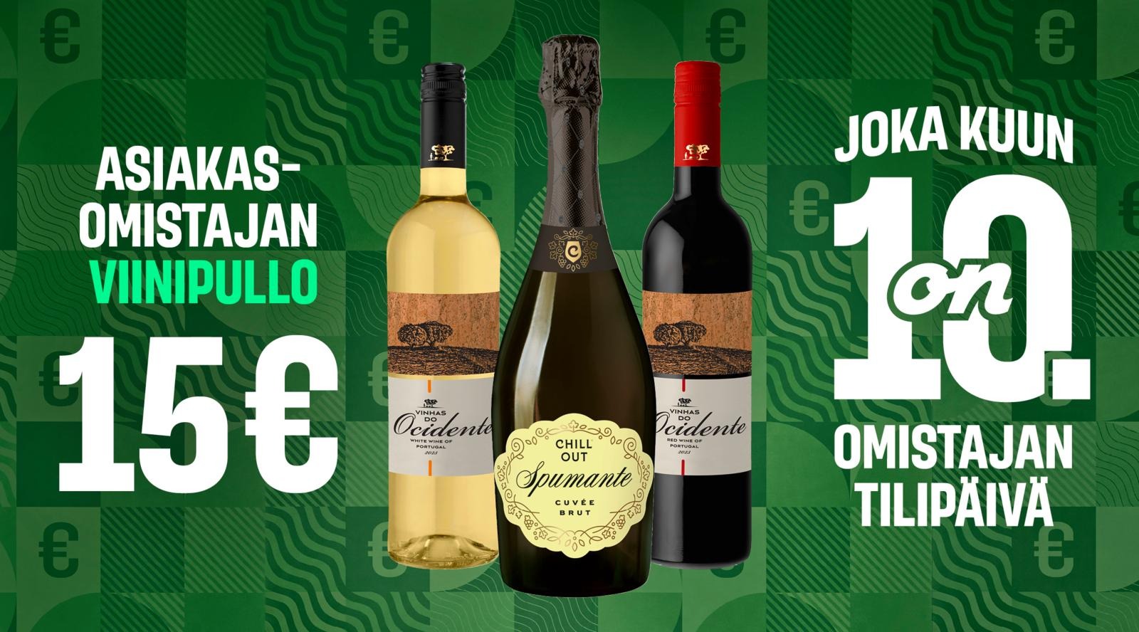 Kolme viinipulloa: valkoviini, kuohuviini ja punaviini vihreää taustaa vasten. Asiakasomistajakampanjan mainos.