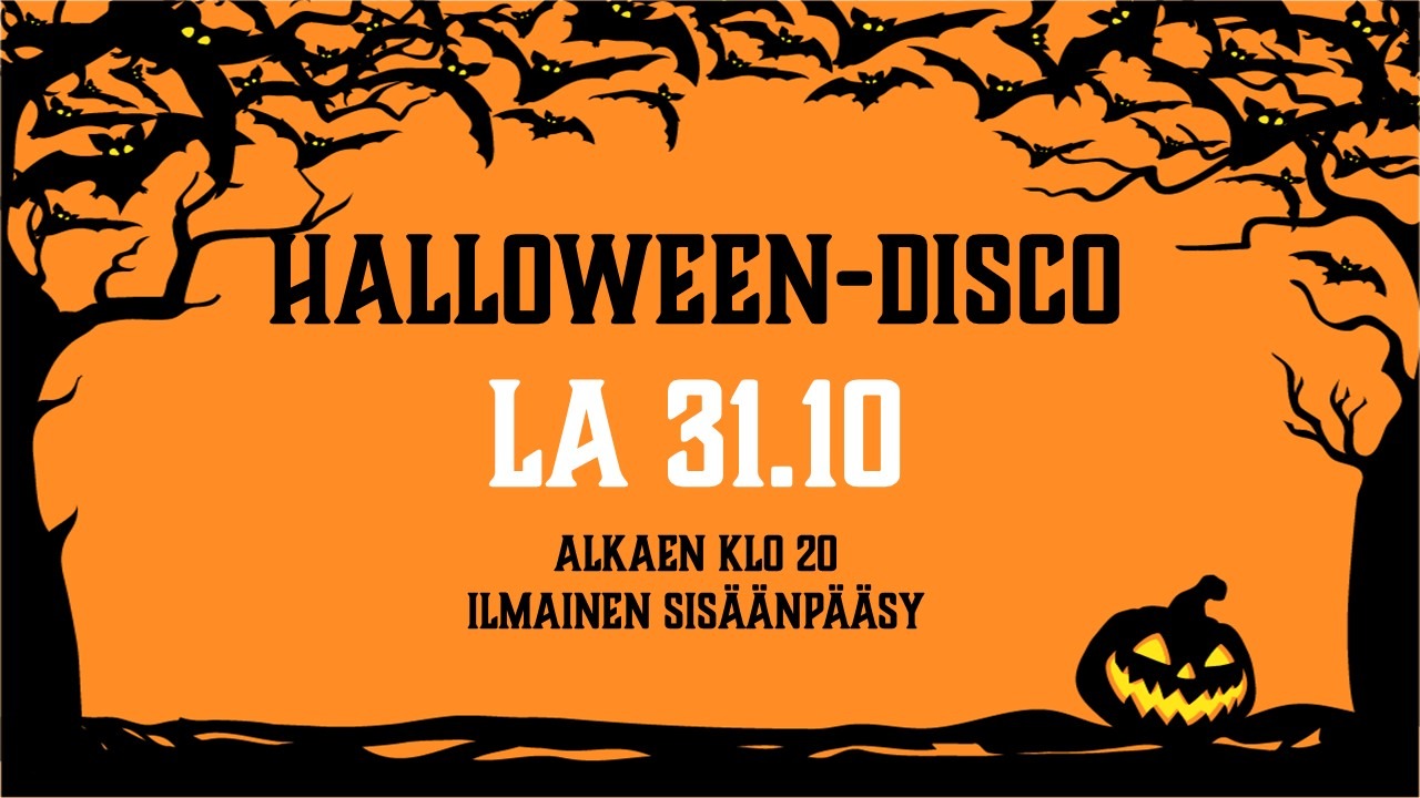 Oranž halloweeni plakat mustade puusiluettide, nahkhiirte ja naeratava kõrvitsalaternaga.