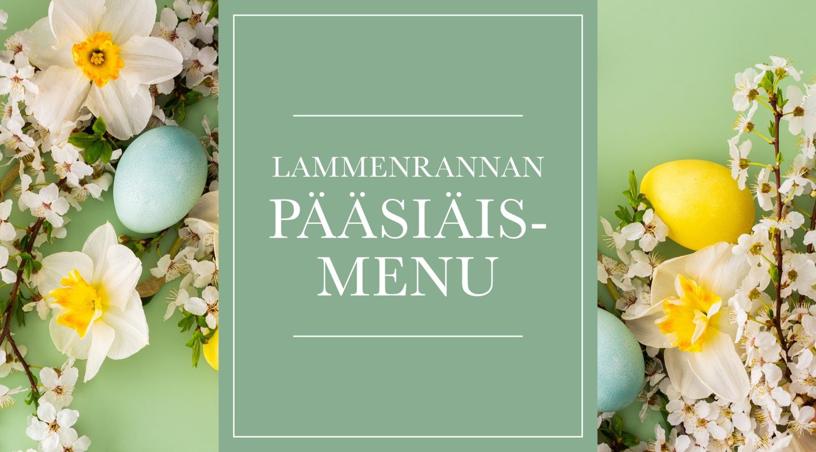 Keväisiä kukkia ja munia vaaleanvihreällä taustalla.