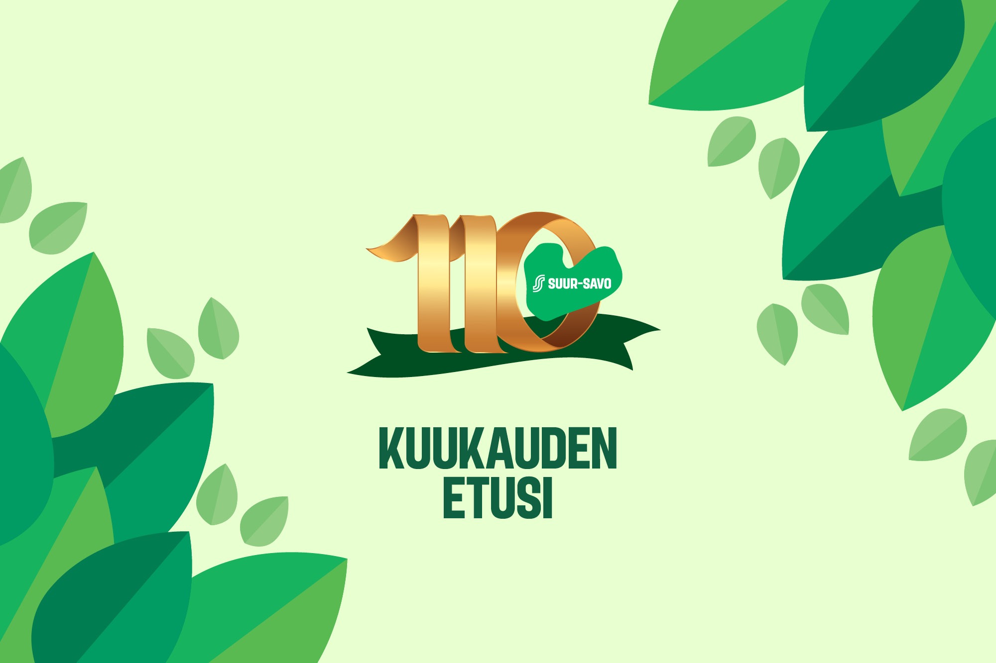 Suur-Savo 110-vuotislogo vihreällä taustalla, jota koristavat lehdet. Kultainen numero 110 ja vihreä logo.