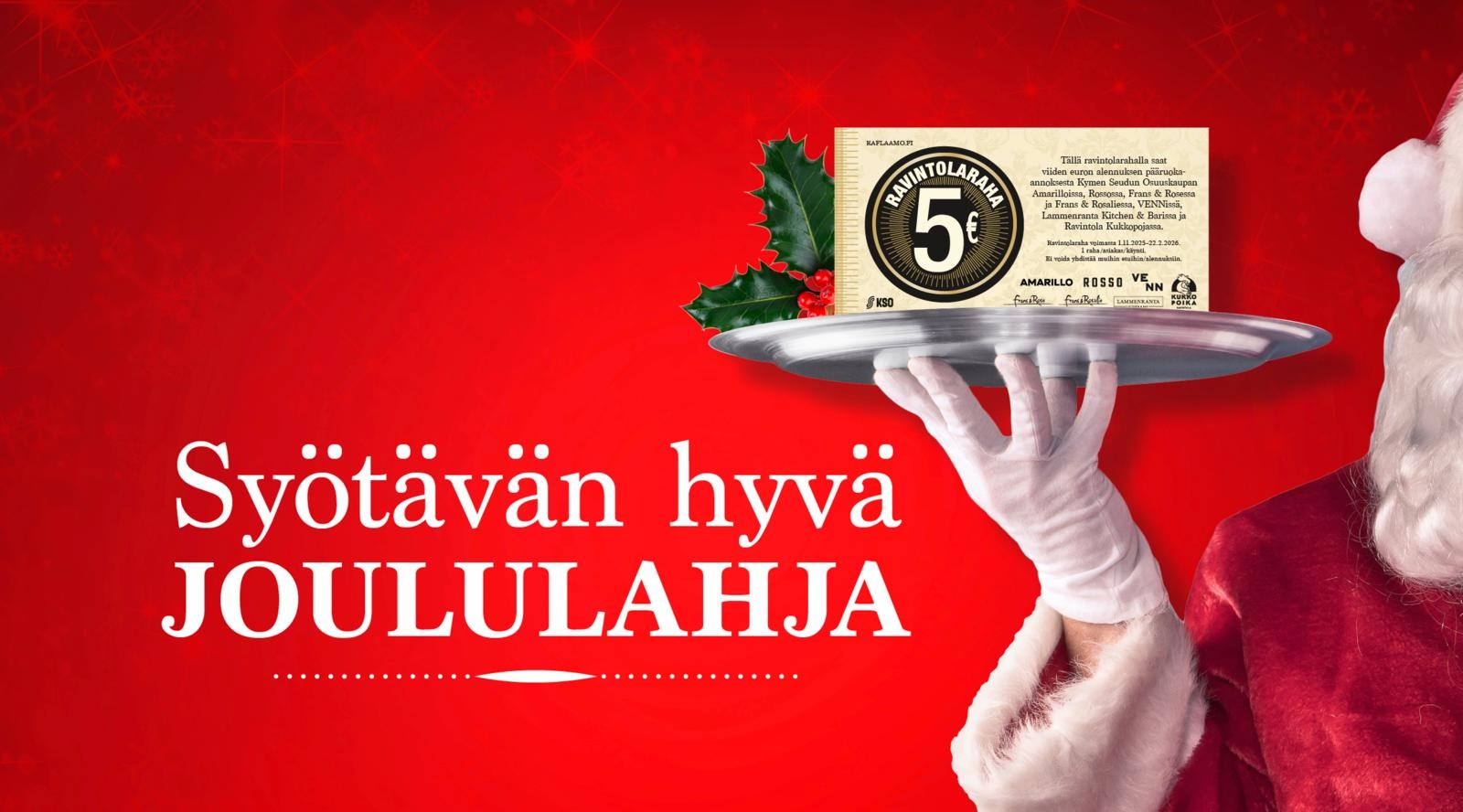 Joulupukki pitelee tarjoilulautasta, jossa komeilee ravintolarahakuponki.