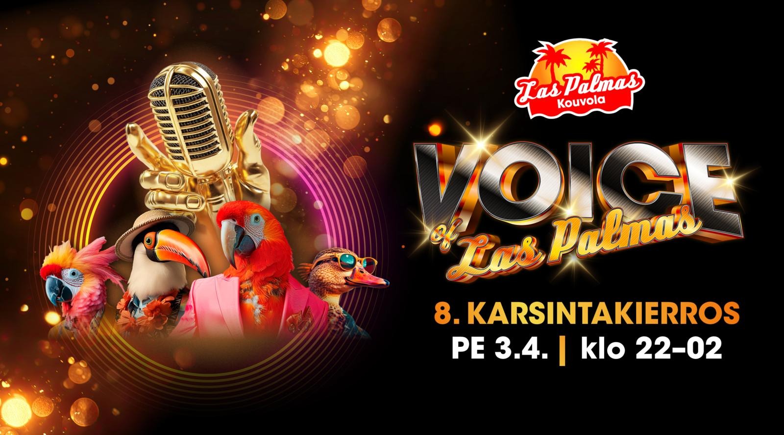 Tapahtumajuliste 'Voice of Las Palmas' -karaokeillalle. Kuva sisältää kultaisen mikrofonin ja värikkäitä lintuhahmoja kimaltelevalla taustalla.