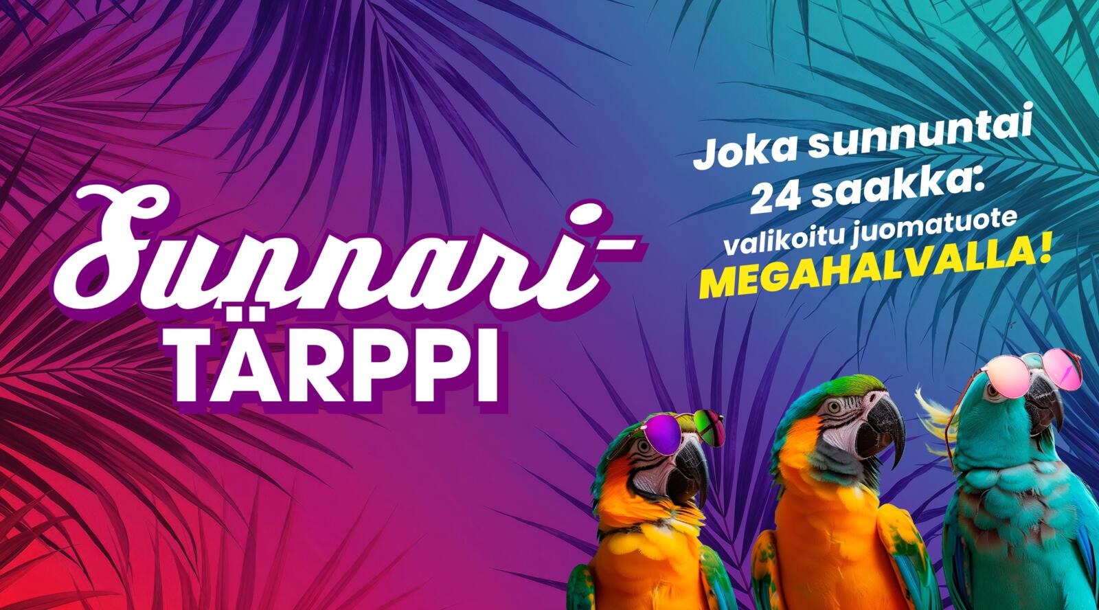 Tre färgglada papegojor mot tropiska palmblad, gradient i bakgrunden.
