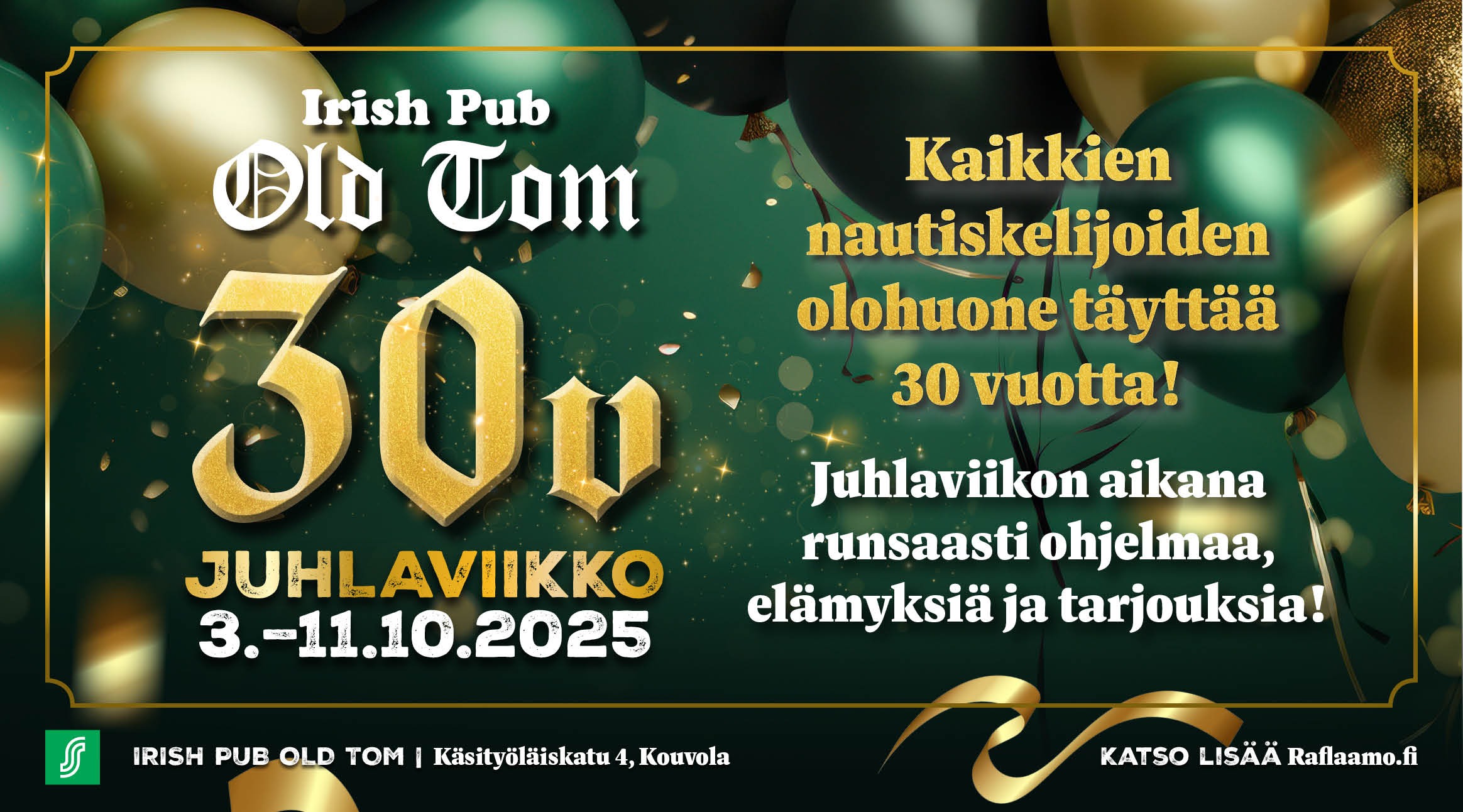 Irish Pub Old Tomin 30v juhlaviikko 3.–11.10.2025
