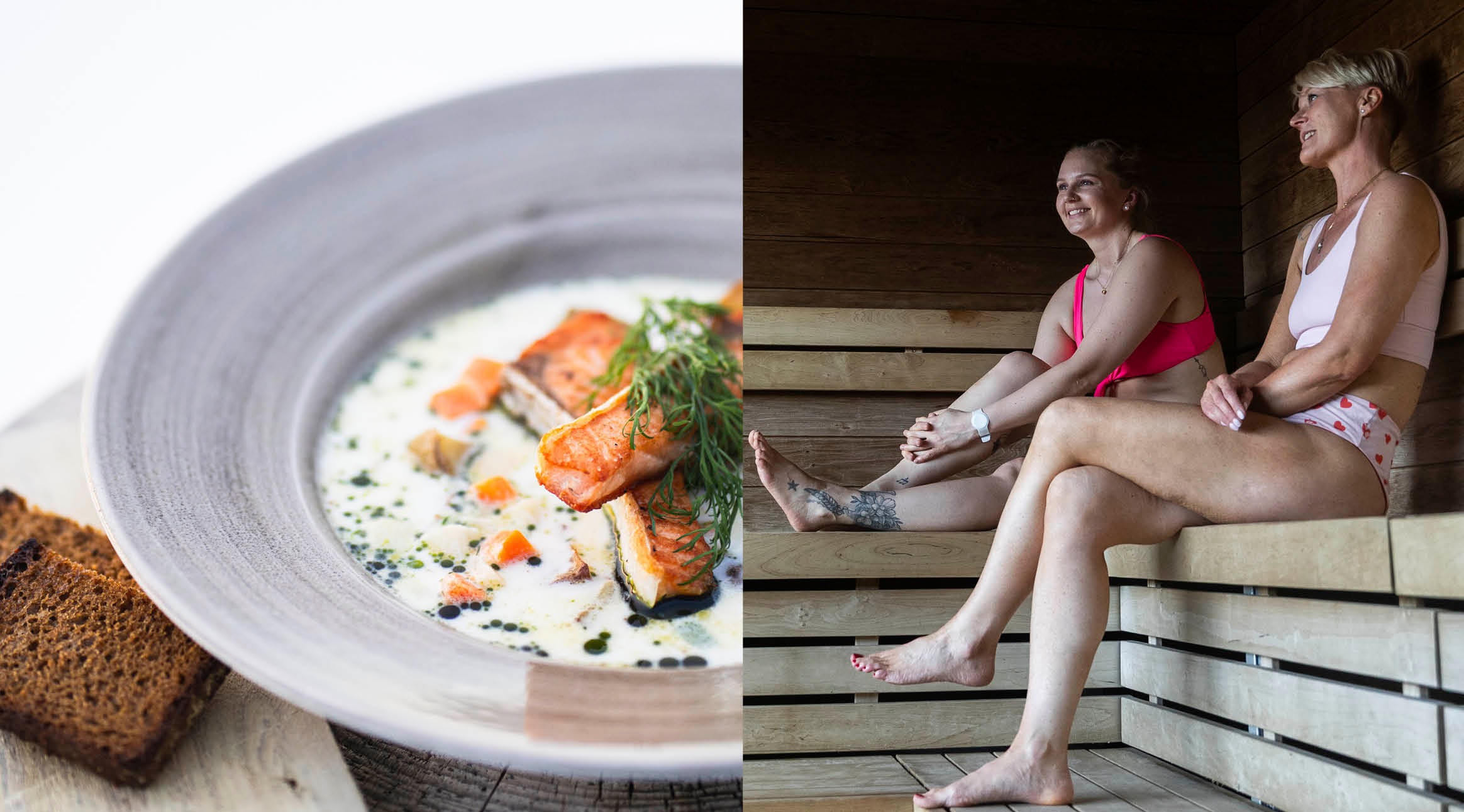 Delad bild: till vänster fisksoppa på en tallrik med rågbröd, till höger två personer som sitter i en träbastu.