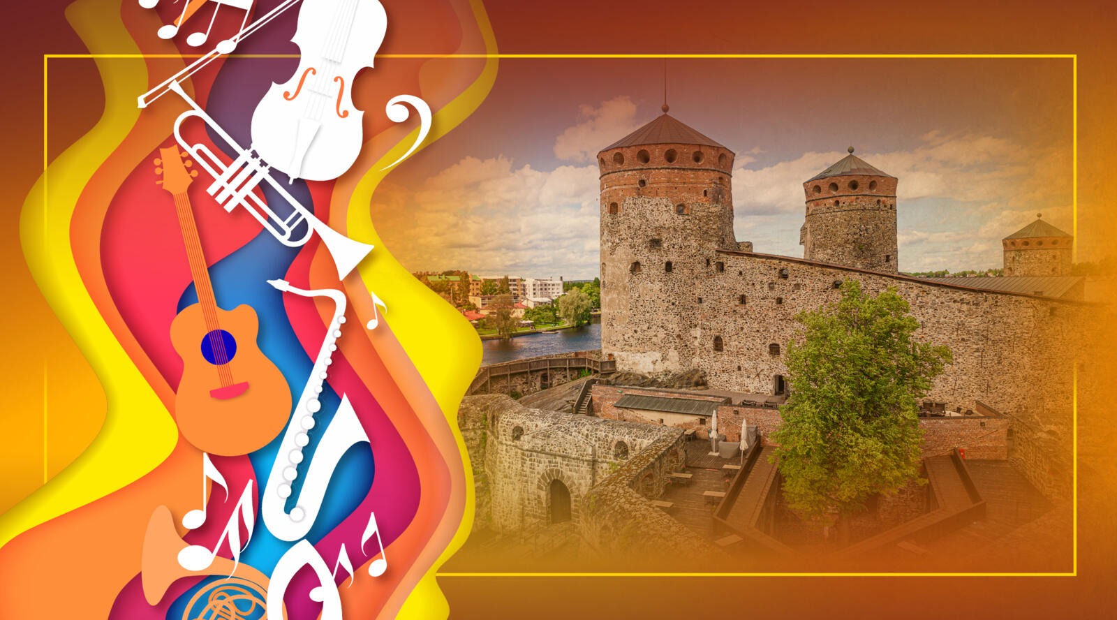 Historic stone castle with three towers by a river. Castle courtyard features stone steps and cobblestone flooring.