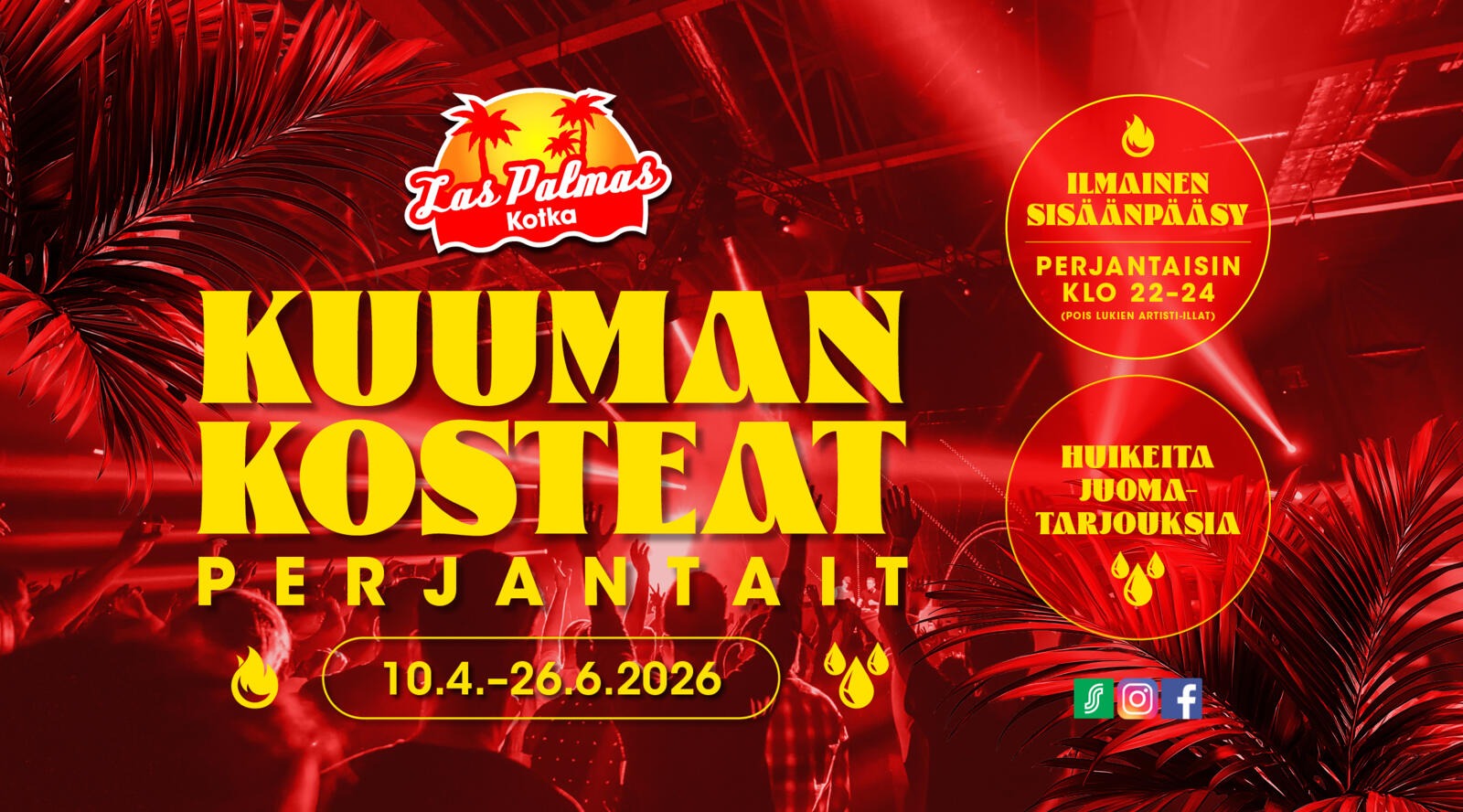 Las Palmas Kotka ürituse punane reklaamplakat troopiliste kaunistustega, palmilehed raamistavad pilti.