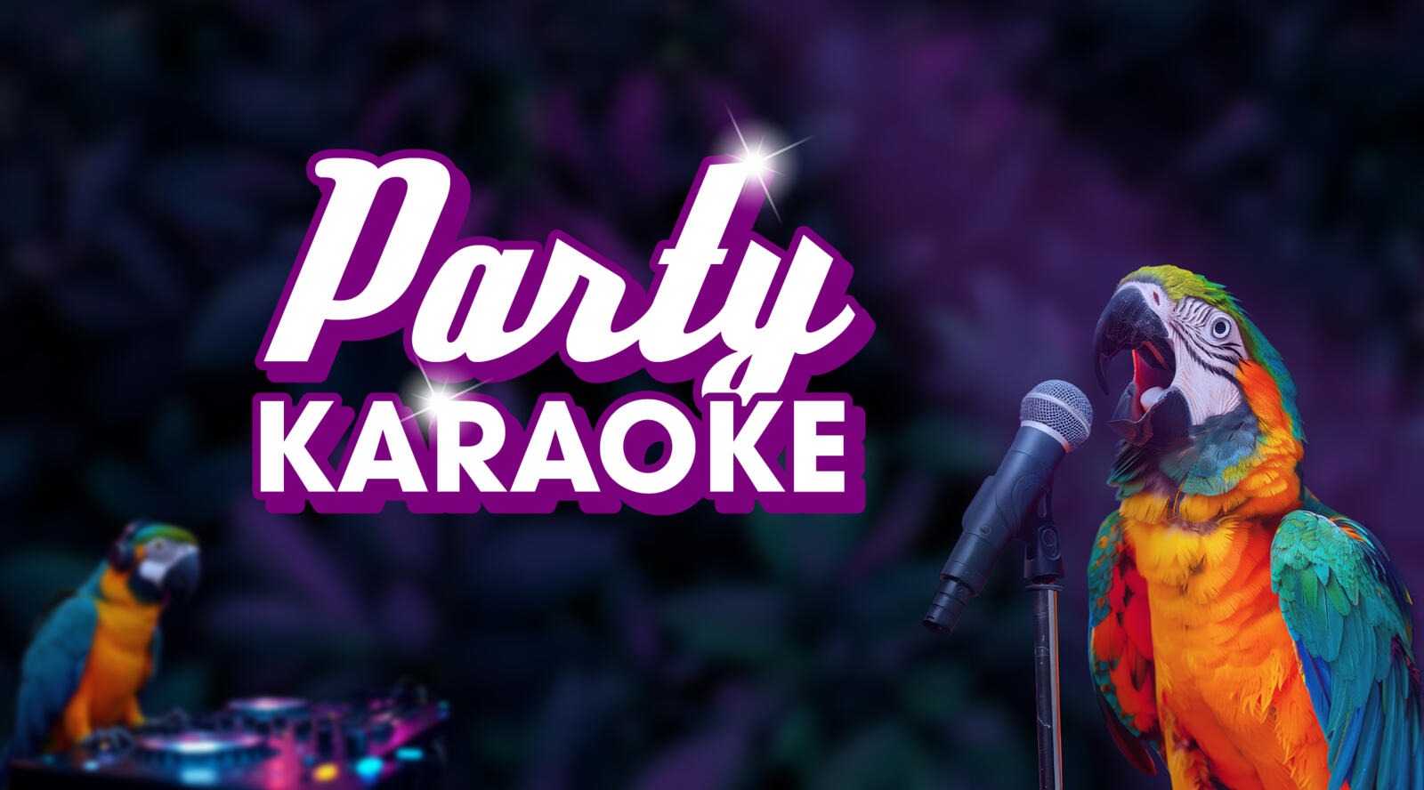 Värikkäät papukaijat mikrofoneilla värikkäässä karaokeympäristössä.