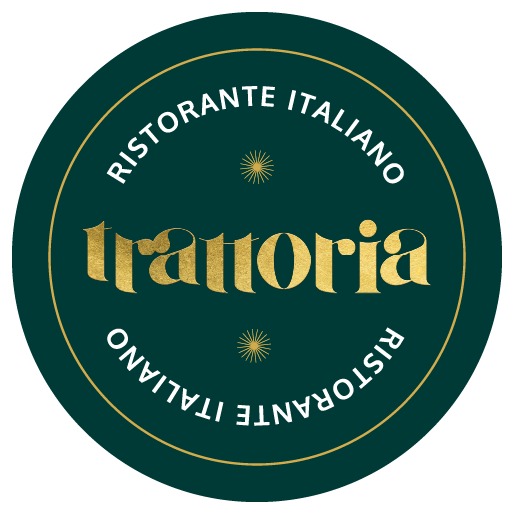 Tummanvihreä pyöreä logo italialaiselle ravintolalle nimeltä Trattoria, jossa kultainen teksti ja reunus.