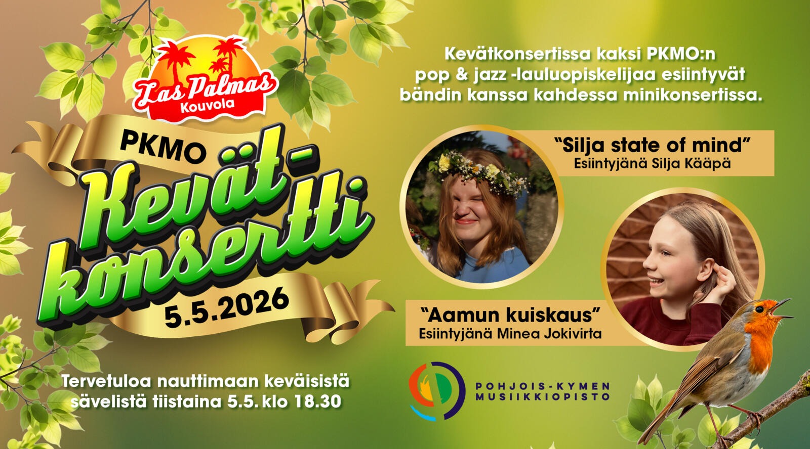Promotional poster for PKMO's spring concert featuring two pop & jazz vocal students performing on May 5, 2026 at Las Palmas Kouvola.