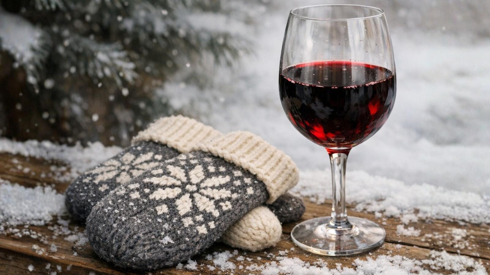 Glass of red wine and woolen mittens on a wooden table during snowfall.