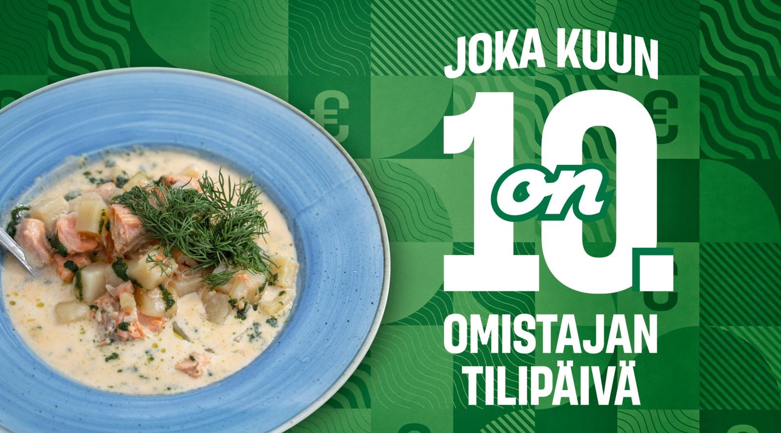 Lohikeittolautanen vihreällä kuviotaustalla